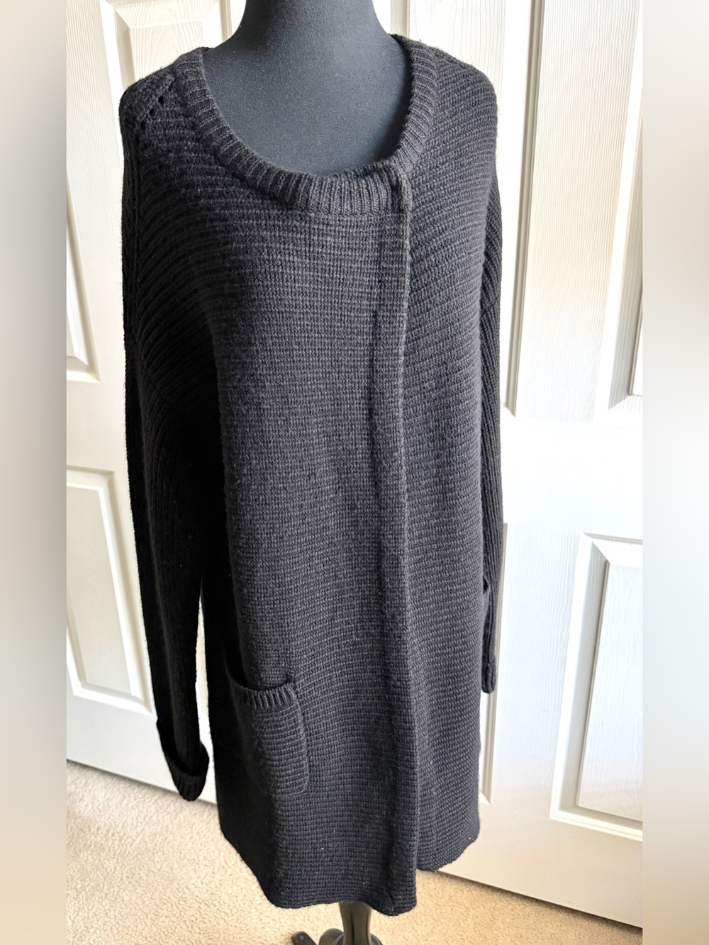 Tahari Black Long Knit Open Cardigan